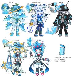  5others absurdres baseball_cap black_hat black_jacket blue_bag blue_hat blue_wings board_game cabbie_hat chess chess_piece closed_mouth cursor diamond-shaped_pupils diamond_(shape) frutiger_aero hand_up hat head_wings highres jacket kalawakan king_(chess) looking_at_viewer low_wings multiple_others open_mouth original pawn_(chess) photo_(object) playing_card_hair_ornament simple_background skirt smile spade-shaped_pupils symbol-shaped_pupils trash_can white_background white_hair white_jacket white_skirt white_wings wings x 