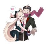  1boy 1girl :d bandaged_arm bandages bangs black_bow black_dress black_hair black_pants blonde_hair blush bow braid breasts closed_eyes collarbone dangan_ronpa_(series) dangan_ronpa_2:_goodbye_despair dress eyebrows_visible_through_hair facial_mark hair_bow hamster heart hug long_hair medium_breasts multicolored_hair open_mouth pants pink_scarf print_shirt puffy_short_sleeves puffy_sleeves scarf shiny shiny_hair shirt short_hair short_sleeves silvercandy_gum simple_background smile sonia_nevermind surprised tanaka_gandamu white_background white_shirt 