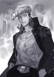  1boy belt belt_buckle buckle buttons clenched_teeth coat collared_coat commentary_request cowboy_shot danganronpa:_trigger_happy_havoc danganronpa_(series) gradient_background grey_background greyscale hands_in_pockets high_collar long_eyelashes long_sleeves looking_at_viewer male_focus monochrome multicolored_hair naoko_(artist) open_clothes open_coat owada_mondo pants pectoral_cleavage pectorals pompadour shirt short_hair solo teeth two-tone_hair white_background 