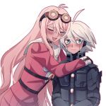  1boy 1girl ahoge android antenna_hair bangs barbed_wire black_choker blonde_hair blue_eyes blush cheer_(cheerkitty14) choker closed_eyes closed_mouth dangan_ronpa_(series) dangan_ronpa_v3:_killing_harmony gloves goggles goggles_on_head hair_between_eyes highres hug iruma_miu keebo long_hair open_mouth pink_shirt pink_skirt pleated_skirt power_armor school_uniform serafuku shirt short_hair skirt smile 