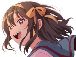  1girl :d absurdres blue_sailor_collar brown_eyes brown_hair commentary hair_ribbon hairband highres kita_high_school_uniform medium_hair open_mouth ribbon sailor_collar school_uniform serafuku simple_background smile solo suzumiya_haruhi suzumiya_haruhi_no_yuuutsu taiki_(6240taiki) teeth tongue upper_teeth_only white_background yellow_hairband yellow_ribbon 