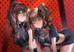  2girls ahoge all_fours black_dress blue_eyes breasts brown_hair dress drill_hair earrings eyebrows_visible_through_hair hair_between_eyes hanusu idolmaster idolmaster_million_live! idolmaster_million_live!_theater_days jewelry large_breasts leaning_forward long_hair looking_at_viewer midriff multiple_girls parted_lips polka_dot polka_dot_background ponytail red_background satake_minako side_drill side_ponytail violet_eyes yokoyama_nao 
