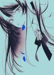  1girl ado_(utaite) blue_theme bow bowtie cloud_nine_inc collared_shirt commentary daisukisan falling_petals flower highres long_hair looking_at_viewer mole mole_under_eye monochrome parted_lips petals rose shirt simple_background solo spot_color utaite 