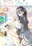  1girl aomi_one arisu_(blue_archive) blue_archive blue_eyes blurry blurry_background commentary_request dark_blue_hair furniture game_console halo highres jacket long_hair no_shoes open_mouth playing_games school_uniform socks solo television very_long_hair 