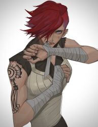  1girl absurdres arcane:_league_of_legends arcane_vi arm_tattoo blue_eyes earclip facial_tattoo gradient_background grey_background hair_over_one_eye highres league_of_legends muscular muscular_female one_eye_covered qyroxie redhead shirt short_hair short_sleeves side_cut simple_background sleeveless sleeveless_shirt solo tattoo upper_body vi_(league_of_legends) wrist_wrap 