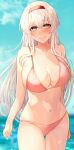  1girl alternate_costume bikini blush breasts collarbone cowboy_shot grey_eyes headband highres kantai_collection large_breasts long_hair looking_at_viewer miyako_(00727aomiyako) navel pink_bikini red_headband shoukaku_(kancolle) smile solo standing swimsuit white_hair 