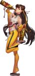  1girl absurdres bangs bare_shoulders black_survival bodysuit bottle brown_eyes brown_hair bruce_lee&#039;s_jumpsuit crocs double_bun drinking from_side full_body hair_ribbon highres jacket jumpsuit li_dailin long_hair looking_at_viewer midriff official_art one_touch open_clothes open_jacket orange_jumpsuit ribbon sake_bottle slippers snake solo spilling standing standing_on_one_leg tape tiptoes transparent_background turtleneck very_long_hair yellow_bodysuit 