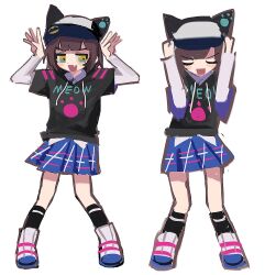  1girl animal_hat arms_up baseball_cap black_shirt black_socks blue_skirt boots brown_hair cat_hat closed_eyes denonbu full_body hands_up hat highres kalawakan kurogane_tama layered_sleeves long_sleeves looking_to_the_side multiple_views open_mouth pleated_skirt shirt short_hair short_over_long_sleeves short_sleeves skirt smile socks white_footwear yellow_eyes 