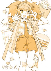  arms_up badge burger button_badge double_cheese_(mcdonald's) employee_uniform fast_food_uniform food french_fries gauze_on_knee happy heart heart-shaped_pupils leg_up mcdonald's monochrome open_mouth pinstripe_pattern pinstripe_shirt ponsuke_(pon00000) ponytail shirt shorts side_ponytail simple_background spiky_hair symbol-shaped_pupils tie_clip twintails v velcro_footwear visor_cap wristband 