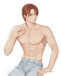  1boy abs absurdres bangs blue_eyes brown_hair collarbone denim hand_up highres iceblock_(ilhgns) jeans lips looking_away male_focus navel nipples nose original pants parted_bangs parted_lips pectorals shirtless short_hair simple_background sitting solo sweat 
