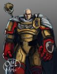  absurdres artificial_eye artist_name artist_request bald bionic cape crossover genos gradient gradient_background heraldry highres mechanical_eye mechanical_parts one-punch_man power_armor power_glove power_suit saitama_(one-punch_man) servo-skull signature simple_background skull space_marine space_marines warhammer_40k yellow_armor 