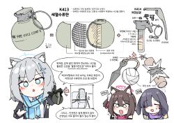  3girls absurdres animal_ears aqua_scarf blue_archive blue_halo explosive extra_ears flukhan fox_ears fox_hair_ornament grenade hair_ornament halo highres holding holding_grenade izuna_(blue_archive) korean_text lop_rabbit_ears multiple_girls pink_halo pink_scarf pom_pom_(clothes) pom_pom_hair_ornament purple_halo purple_scarf rabbit_ears reference_sheet scarf shiroko_(blue_archive) tsukuyo_(blue_archive) weapon_focus 
