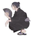  1boy black_hair brown_eyes fan felix_hugo_fraldarius fire_emblem fire_emblem:_three_houses folding_fan hair_bun japanese_clothes kimono looking_at_viewer looking_to_the_side male_focus namahamu_(hmhm_81) obi sash solo squatting yukata 