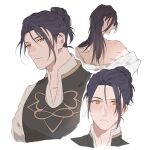  bangs black_hair blush character_sheet felix_hugo_fraldarius fire_emblem fire_emblem:_three_houses garreg_mach_monastery_uniform hair_bun hair_down hair_strand long_hair male_focus namahamu_(hmhm_81) off_shoulder parted_bangs scar yellow_eyes 