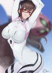  1girl :3 absurdres arms_up blue_eyes blurry breasts brown_hair covered_nipples depth_of_field eva_08 evangelion:_3.0+1.0_thrice_upon_a_time highres huge_filesize interface_headset large_breasts long_hair makinami_mari_illustrious neon_genesis_evangelion plugsuit rebuild_of_evangelion robot semi-rimless_eyewear shirofugu smile solo thighs under-rim_eyewear 