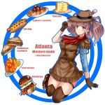  1girl absurdres alternate_costume asymmetrical_sleeves atlanta_(kancolle) blue_shirt brown_gloves brown_hair brown_headwear brown_skirt brown_vest burger cowboy cowboy_hat earrings fire_maxs food gloves grey_eyes hat highres hot_dog jewelry kantai_collection long_hair long_sleeves meatball mismatched_gloves pancake partially_fingerless_gloves pasta plate sandwich shirt short_sleeves skirt solo spaghetti spaghetti_and_meatballs star_(symbol) star_earrings striped striped_shirt two_side_up vest western 