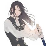  1boy black_hair drawing_sword felix_hugo_fraldarius fire_emblem fire_emblem:_three_houses garreg_mach_monastery_uniform hair_down holding holding_sword holding_weapon long_hair long_sleeves looking_at_viewer namahamu_(hmhm_81) puffy_long_sleeves puffy_sleeves sheath sheathed solo sword vest weapon yellow_eyes 