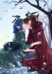  2girls animal_ear_fluff animal_ears animal_on_head bare_tree bird bird_on_head blue_hair brown_hair cloak closed_eyes day dress drill_hair drill_sidelocks fins frilled_kimono frills green_kimono head_fins highres hood hooded_cloak imaizumi_kagerou indis japanese_clothes kimono kiss kneeling mermaid monster_girl multicolored_clothes multicolored_dress multiple_girls on_head red_dress sash short_hair sidelocks sky splashing touhou tree wakasagihime water water_drop white_dress wide_sleeves winter wolf_ears yuri 