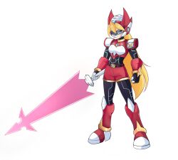  absurdres alternate_costume alternate_hairstyle armor armored_boots beam_saber belt blonde_hair blue_eyes bodystocking boots breasts chest_jewel ciel_(mega_man) commission commissioner_upload energy_sword fake_horns forehead_jewel gauntlets gloves helmet highres holding holding_weapon horned_helmet horns knee_boots knee_pads long_hair looking_at_viewer mechanical_ears mega_man_(series) mega_man_zero_(series) mega_man_zx model_o_(mega_man) non-web_source shorts shoulder_armor small_breasts sword transparent_background uta_guipiy weapon 