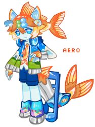  1other animal_ears beamed_eighth_notes blue_eyes blue_jacket cat_ears cd closed_mouth fingerless_gloves fins fish_hair_ornament fish_tail frutiger_aero full_body gloves hair_ornament headphones headphones_around_neck highres jacket kalawakan looking_at_viewer microsoft_windows musical_note orange_gloves orange_hair original short_hair sidelocks simple_background solo tail white_background windows_live_messenger 