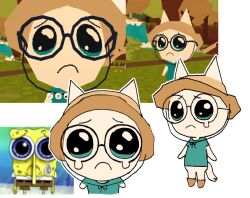 1other black-framed_eyewear blue_eyes blue_shirt boots brown_footwear cat closed_mouth crying full_body furry kalawakan reference_inset round_eyewear shirt short_sleeves simple_background spongebob_squarepants spongebob_squarepants_(character) spongebob_squarepants_(series) webfishing white_background white_fur