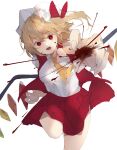 1girl :d absurdres ascot blonde_hair blood breasts bright_pupils commentary_request crystal eyebrows_visible_through_hair flandre_scarlet foot_out_of_frame foreshortening gominami hair_between_eyes hat highres medium_breasts mob_cap open_mouth pointy_ears reaching_out red_eyes red_skirt red_vest simple_background skirt smile solo standing standing_on_one_leg touhou vest white_background white_pupils wings yellow_neckwear 