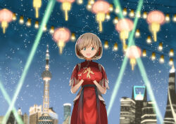  1girl :d blue_eyes breasts bridal_gauntlets brown_hair china_dress chinese_clothes cityscape commentary_request cowboy_shot dress highres hoshikuzu_cruising_~shanghai_ver.~ lantern looking_at_viewer love_live! love_live!_superstar!! medium_breasts night night_sky open_mouth oriental_pearl_tower outdoors parted_bangs red_bridal_gauntlets red_dress serinawa shanghai short_hair short_sleeves sky smile solo tang_keke tower 