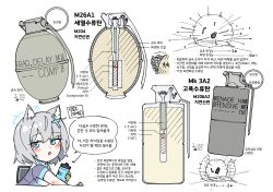  :o absurdres animal_ears aqua_scarf arrow_(symbol) blue_archive blue_halo blush commentary_request cross cycling_uniform explosive extra_ears flukhan grenade halo highres inverted_cross korean_commentary korean_text open_mouth reference_sheet scarf shiroko_(blue_archive) shiroko_(cycling)_(blue_archive) speech_bubble translation_request weapon_focus wolf_ears 