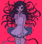  1girl 8takenokonosato8 apron bandaged_arm bandaged_leg bandages bangs black_eyes blood blood_on_fingers blush breasts collared_shirt dangan_ronpa_(series) dangan_ronpa_2:_goodbye_despair floating_hair heart heart-shaped_pupils highres long_hair medium_breasts mole open_mouth pink_background pink_blood pink_shirt pleated_skirt puffy_short_sleeves puffy_sleeves ribbon shirt short_sleeves skirt skirt_lift smile symbol-shaped_pupils tsumiki_mikan white_apron 