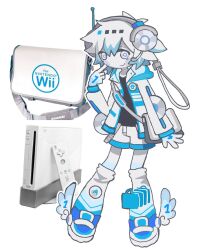  1other adoptable black_shirt blue_footwear cd closed_mouth colored_skin controller full_body game_console game_controller gloves headphones headset highres jacket kalawakan looking_at_viewer microphone nintendo original shirt shoes short_hair shorts smile socks solo white_eyes white_gloves white_hair white_jacket white_shorts white_skin white_socks wii wii_remote winged_footwear 