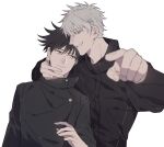  2boys black_hair black_jacket blue_eyes blurry depth_of_field fushiguro_megumi gojou_satoru high_collar jacket jujutsu_kaisen male_focus multiple_boys namahamu_(hmhm_81) pointing spiky_hair white_hair 