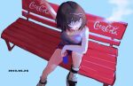  1girl air_kon bangs bench blue_background breasts brown_hair cigarette coca-cola dated holding large_breasts logo mouth_hold original purple_shorts shoes short_hair shorts simple_background sitting smoke smoking sneakers solo tank_top violet_eyes 