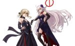  2girls ahoge artoria_pendragon_(all) asagami_(hnt16303310) baseball_bat black_dress black_legwear blonde_hair braid breasts dress fate/grand_order fate/stay_night fate_(series) hair_ribbon holding holding_baseball_bat jeanne_d&#039;arc_(alter)_(fate) jeanne_d&#039;arc_(fate)_(all) long_hair looking_at_viewer multiple_girls one_eye_closed ribbon road_sign saber_alter sign silver_hair simple_background thigh-highs very_long_hair white_background yellow_eyes 