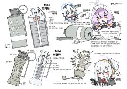  3girls absurdres artist_name blue_archive character_request closed_eyes commentary_request explosive flashbang flukhan grenade halo highres holding holding_grenade korean_commentary korean_text multiple_girls musical_note open_mouth pink_hair reference_sheet smile smoke_grenade speech_bubble sweatdrop translation_request twitter_logo twitter_username twitter_x_logo weapon_focus 