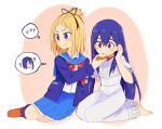  2girls :&gt; ? ?? adjusting_hair ange_(angeban93) bangs_pinned_back barefoot black_ribbon blonde_hair blue_cardigan blue_hair blue_legwear blue_sailor_collar blue_skirt blush_stickers cardigan center_frills choker closed_mouth commentary_request confused dress eyebrows_visible_through_hair flip_flappers food frilled_sleeves frills full_body hair_between_eyes hair_ornament hair_ribbon hairclip hand_up heart holding holding_food kokomine_cocona long_hair long_sleeves looking_at_food looking_at_object looking_away medium_hair mimi_(flip_flappers) multicolored_hair multiple_girls neckerchief open_cardigan open_clothes orange_footwear parted_lips pink_eyes pink_hair pleated_skirt puffy_short_sleeves puffy_sleeves red_choker red_neckwear ribbon sailor_collar school_uniform seiza serafuku short_sleeves sitting skirt smile streaked_hair sweatdrop thought_bubble tsurime very_long_hair violet_eyes wavy_mouth white_dress wing_collar yayaka yokozuwari |_| 