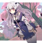  1girl :t alternate_hairstyle bangs blush commentary cowboy_shot dress eine_(eine_dx) eyebrows_visible_through_hair fire_emblem fire_emblem:_three_houses grey_legwear highres juliet_sleeves long_hair long_sleeves looking_at_viewer lysithea_von_ordelia pantyhose puffy_sleeves purple_dress short_dress silver_hair solo standing tree twintails violet_eyes 