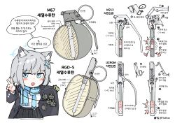  1girl absurdres animal_ears aqua_scarf blue_archive blue_halo explosive extra_ears flukhan grenade halo highres holding holding_grenade korean_text reference_sheet scarf shiroko_(blue_archive) weapon_focus 