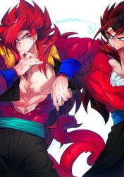  blue_eyes blue_sash blue_wristband closed_mouth dougi dragon_ball dragon_ball_heroes earrings gloves gogeta gogeta_(xeno) jewelry long_hair male_focus metamoran_vest monkey_boy monkey_tail multiple_boys muscular muscular_male ommmyoh open_mouth pants potara_earrings red_fur saiyan sash spiky_hair super_full_power_saiyan_4_limit_breaker super_saiyan super_saiyan_4 tail time_patrol_(dragon_ball) twitter_username vegetto vegetto_(xeno) 