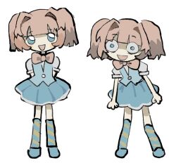  1girl blue_eyes blue_footwear blue_skirt blue_socks blue_vest full_body hair_intakes kalawakan multiple_views open_mouth pink_hair puffy_short_sleeves puffy_sleeves regretevator roblox shirt shoes short_sleeves sidelocks skirt smile socks stat_(regretevator) twintails vest white_shirt wide-eyed 