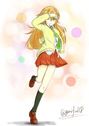 1girl blonde_hair closed_mouth green_eyes green_necktie green_neckwear koufuku_graffiti long_hair looking_at_viewer necktie neckwear school_uniform shiina_(koufuku_graffiti) shirt uniform white_shirt