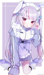  1girl :o absurdres animal_ears animal_hairband apron asatsuki933 bad_leg baggy_socks bandaid bandaid_on_leg belly_chain blunt_bangs bow calflet cattleya_regina_games ear_piercing fake_animal_ears frilled_apron frills gradient_hair grey_hair grey_jacket grey_shorts hair_bow hair_ornament hairpin heart_cheeks highres jacket jersey_maid jewelry kneeling leaning_forward light_blush long_sleeves looking_at_viewer maid maid_apron maid_headdress multicolored_hair multiple_hairpins parted_bangs piercing pink_hair purple_background red_eyes shorts sidelocks sleeves_past_wrists socks solo streaked_hair thick_eyebrows tosaki_mimi tosaki_mimi_(4th_costume) track_jacket twintails unconventional_maid virtual_youtuber vspo! white_apron white_socks 