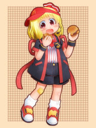  1girl adapted_costume alternate_costume badge black_happi black_shorts blonde_hair blush burger button_badge commentary_request cosplay double_cheese_(mcdonald's) double_cheese_(mcdonald's)_(cosplay) eating employee_uniform fang fast_food_uniform food gauze_on_knee hat headset highres holding holding_burger holding_food looking_at_viewer matty_(zuwzi) mcdonald's open_happi open_mouth red_eyes red_hat rumia shirt shoes shorts smile socks solo striped_clothes striped_shirt velcro_footwear vertical-striped_clothes vertical-striped_shirt visor_cap white_socks 