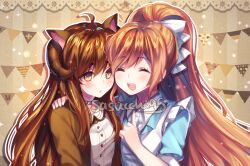  2girls :3 ^_^ ahoge animal_ears apron artist_name black_choker blue_jacket blush bow brown_background brown_hair brown_horns brown_jacket cat_ears cheek-to-cheek choker closed_eyes closed_mouth collared_shirt commentary commission danganronpa_(series) danganronpa_3_(anime) english_commentary frilled_apron frills hair_bow hair_over_one_eye hand_on_another's_shoulder hand_up heads_together high_ponytail highres horns index_finger_raised jacket long_hair looking_down multiple_girls open_clothes open_jacket open_mouth orange_hair original outline ponytail sasucchi95 shirt short_sleeves simple_background sparkle teeth upper_body upper_teeth_only white_apron white_bow white_outline white_shirt yellow_eyes yukizome_chisa 