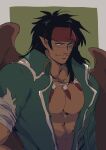  1boy bare_pectorals black_hair brown_eyes brown_wings closed_mouth collared_jacket commentary_request dark_skin dark_skinned_male feather_necklace fire_emblem fire_emblem:_path_of_radiance fire_emblem:_radiant_dawn green_jacket headband highres jacket jewelry long_hair male_focus necklace open_clothes open_jacket pectorals pointy_ears sa_(3hsgm) scar scar_on_face smile solo tibarn_(fire_emblem) upper_body wings 