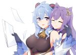  2girls ^_^ ahoge bare_shoulders bell blue_hair braid breasts choker closed_eyes cowbell double_bun dress ganyu_(genshin_impact) genshin_impact gloves hair_bun hair_ornament hairclip half-closed_eyes happy highres holding holding_paper horns hug hug_from_behind keqing_(genshin_impact) long_sleeves medium_breasts multiple_girls paper purple_hair ritore simple_background smile twintails upper_body white_background yuri 