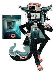  1other backrooms_(creepypasta) black_jacket black_wings camera full_body head_wings highres jacket kalawakan ladder lapels lifebuoy liminal_space notched_lapels original parted_lips poolroom sandals smile solo swim_ring tail wings 