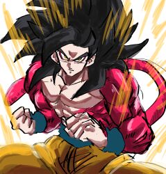 1boy 9302w_(user_wjpg8475) abs absurdres black_hair blue_sash blue_wristband clenched_hands closed_mouth dragon_ball dragon_ball_gt eyeliner fighting_stance highres long_hair looking_at_viewer makeup male_focus monkey_tail muscular muscular_male orange_pants pants pectorals red_eyeliner red_tail sash solo son_goku spiky_hair super_saiyan super_saiyan_4 tail v-shaped_eyebrows white_background yellow_aura 
