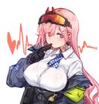  1girl aningay bangs blush breasts checkered checkered_neckwear commentary_request earrings fang finger_to_mouth girls_frontline gloves goggles goggles_on_head hair_ornament hairclip heart jacket jewelry korean_commentary large_breasts long_hair long_sleeves mole mole_under_eye off_shoulder pink_hair red_eyes shirt sidelocks sig_mcx_(girls_frontline) skin_fang solo tattoo upper_body white_background white_shirt 