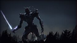  1840 beam_saber commentary_request energy_sword fake_screenshot forest glowing gundam gundam_ex gundam_requiem_for_vengeance highres holding_detached_head looking_at_viewer machinery mecha mecha_focus nature no_humans pine_tree realistic red_eyes robot science_fiction severed_head spoilers sword tree v-fin weapon zaku_ii 