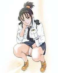 1girl 2024 black_hair black_necktie black_skirt breast_pocket brown_eyes buttons collared_shirt elbow_rest full_body giboshi_matoi hair_tie hand_on_own_cheek hand_on_own_face hand_on_own_knee head_rest high_tops highres jacket japan_national_police kochikame kujira_gunsou leaning_forward looking_at_viewer miniskirt necktie pencil_skirt pocket police police_badge police_uniform policewoman ponytail shirt shoelaces shoes sidelocks simple_background skirt sleeves_rolled_up sneakers solo squatting walkie-talkie watch watch white_background white_jacket yellow_footwear 
